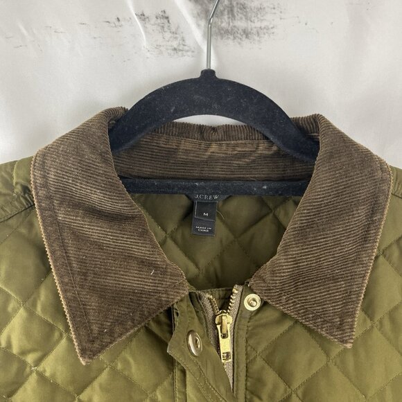 J. Crew Dark Green Quilted Jacket w/ Brown Corduroy Collar Women's Size M - Picture 9 of 11